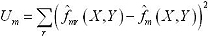 U of lowercase m equals the sum over lowercase r of the squared differences between f hat sub lowercase mr of vector X and vector Y and f hat sub lowercase m of vector X and vector Y