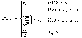 MOS subscript js equals bracket matrix 4 rows 2 columns Column 1 equals X subscript js, 90, 4.5 asterisk X subscript js, 45 Column 2 equals if 102 is less than X subscript js, if 20 is less than X subscript js less than or equal to 102, if 10 is  less than X subscript js less than or equal  to 20, if X subscript js less than or equal to 10