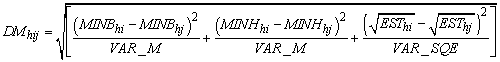 D M subscript h i j equals the square root of left bracket the squared difference of MINB subscript h i and MINB subscript h j divided by VAR underscore M plus the squared difference of MINH subscript h i and MINH subscript h j divided by VAR underscore M plus the squared difference of the square root of EST subscript h i and the square root of EST subscript h j divided by VAR underscore SQE right bracket