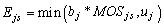 E subscript j s equals the minimum value of either b subscript j times MOS subscript j s or u subscript j