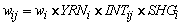 w subscript i j equals w subscript i times YRN subscript i times INT subscript i j times SHG subscript i