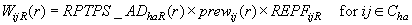 w sub i j uppercase R of lowercase r equals RPTPS_AD sub h a uppercase R of lowercase r times prew sub i j of lowercase r times REPF sub i j uppercase R for i j elements of C sub h a