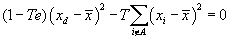 open paren 1 minus T times e closed paren times open paren x sub d minus x bar closed paren squared minus T times summation over i not an element of A of open paren x sub i minus x bar closed paren squared equals 0