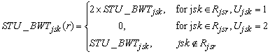 STU underscore BWT subscript jsk open paren r close paren equals open paren two times STU underscore BWT subscript jsk for jsk is an element of cap R subscript jsr and cap U subscript jsk equals one close paren or equals open paren zero for jsk is an element of cap R subscript jsr and cap U subscript jsk equals two close paren or equals open paren STU underscore BWT subscript jsk if jsk is not an element of cap R subscript jsr