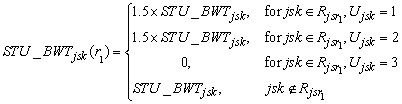 STU underscore BWT subscript jsk open paren r subscript one close paren equals open paren one point five times STU underscore BWT subscript jsk for jsk is an element of cap R subscript jsr subsubscript one and cap U subscript jsk equals one close paren or equals open paren one point five times STU underscore BWT subscript jsk for jsk is an element of cap R subscript jsr subsubscript one and cap U subscript jsk equals two close paren or equals open paren zero for jsk is an element of cap R subscript jsr subsubscript one and cap U subscript jsk equals three close paren or equals open paren STU underscore BWT subscript jsk for jsk is not an element of cap R subscript jsr subsubscript one close paren