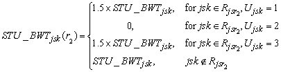 STU underscore BWT subscript jsk open paren r subscript two close paren equals open paren one point five times STU underscore BWT subscript jsk for jsk is an element of cap R subscript jsr subsubscript two and cap U subscript jsk equals one close paren or equals open paren zero for jsk is an element of cap R subscript jsr subsubscript two and cap U subscript jsk equals two close paren or equals open paren one point five times STU underscore BWT subscript jsk for jsk is an element of cap R subscript jsr subsubscript two and cap U subscript jsk equals three close paren or equals open paren STU underscore BWT subscript jsk if jsk is not an element of cap R subscript jsr subsubscript two close paren