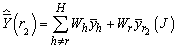 cap y hat bar open paren r subscript two close paren equals summation from h does not equal r to cap h cap w subscript h times y bar subscript h plus cap w subscript r times y bar subscript r subsubscript two open paren cap j close paren