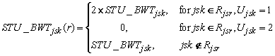 STU underscore BWT subscript j s k open paren r close paren equals open paren two times STU underscore BWT subscript j s k for j s k is an element of cap r subscript j s r and cap u subscript j s k equals one close paren or equals zero for j s k is an element of cap r subscript j s r and cap u subscript j s k equals two close paren or equals STU underscore BWT subscript j s k if j s k is not an element of cap r subscript j s r