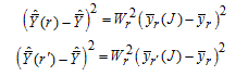 [First equation] open paren cap y hat bar open paren r close paren minus cap y hat bar close paren squared equals open paren cap w subscript r close paren squared times open paren y bar subscript r open paren cap j close paren minus y bar subscript r close paren squared  [Second equation] open paren cap y hat bar open paren r prime close paren minus cap y hat bar close paren squared equals open paren cap w subscript r close paren squared times open paren y bar subscript r prime open paren cap j close paren minus y bar subscript r close paren squared  